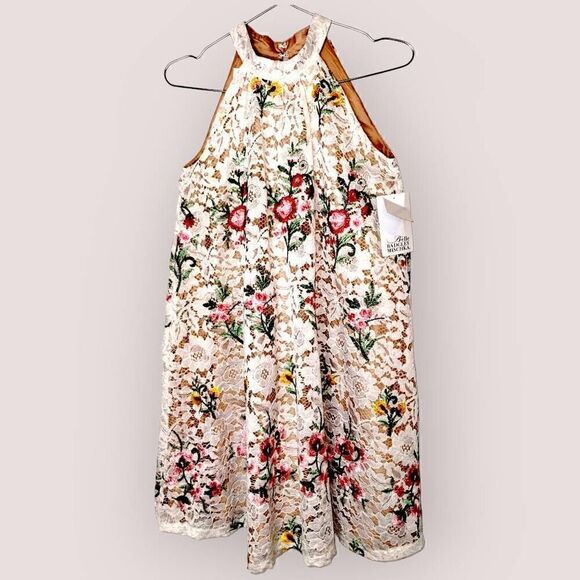 Badgley Mishka Womens Dress Sz 16 Belle Ivory Lace Red Floral Halter Sleeveless - Picture 1 of 16